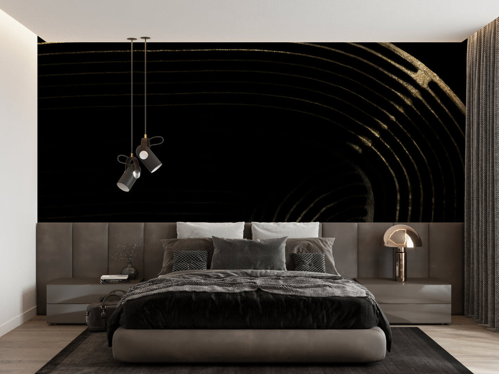 Modern black and gold wall mural in a contemporary home office space