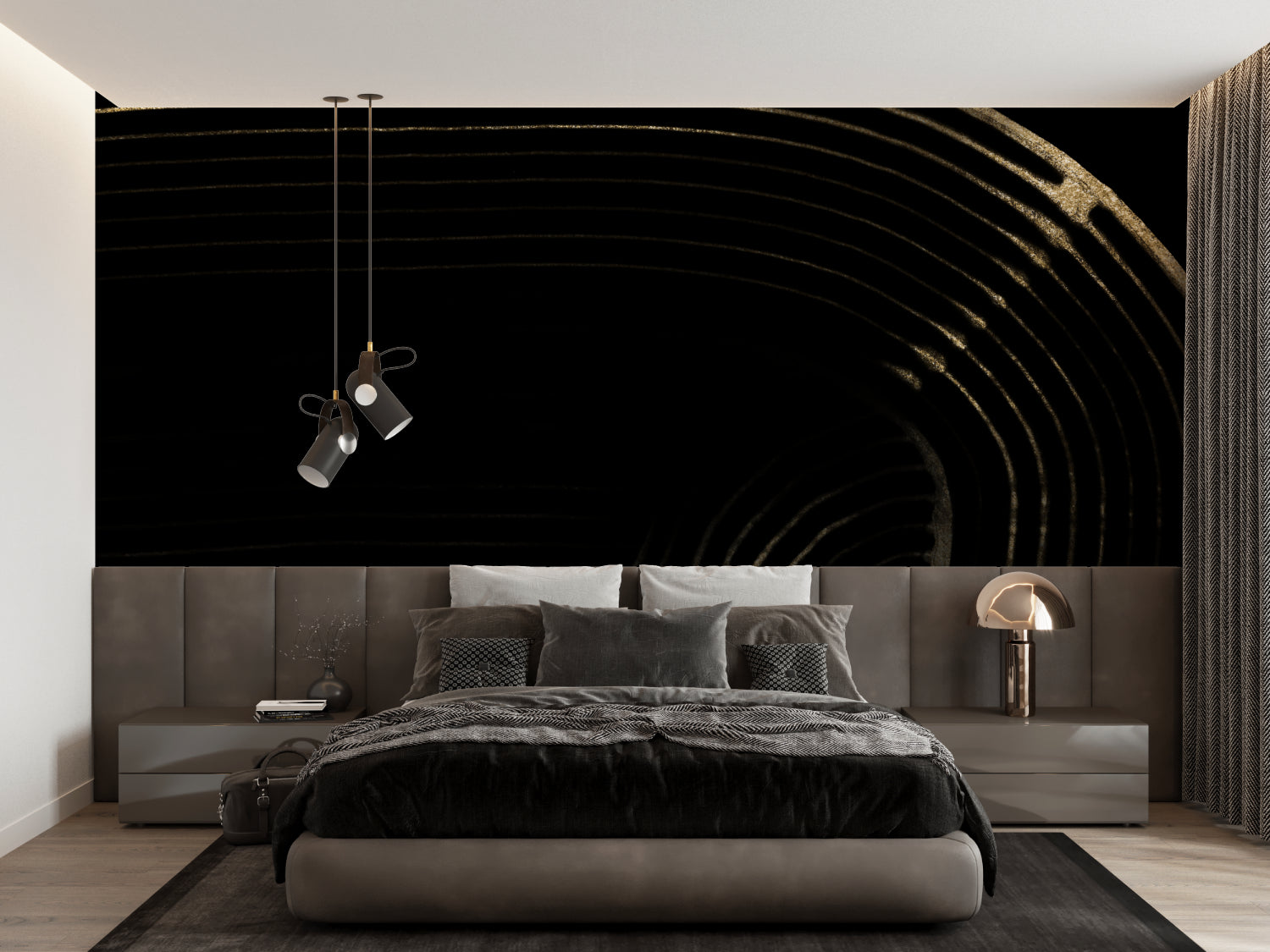 Modern black and gold wall mural in a contemporary home office space
