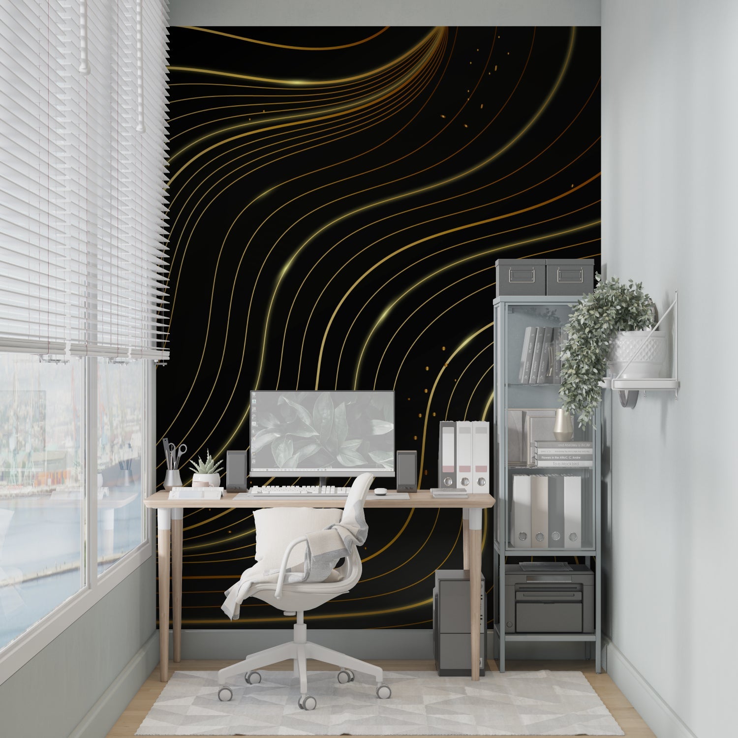 Gold geometric wallpaper making statement in luxury master bedroom