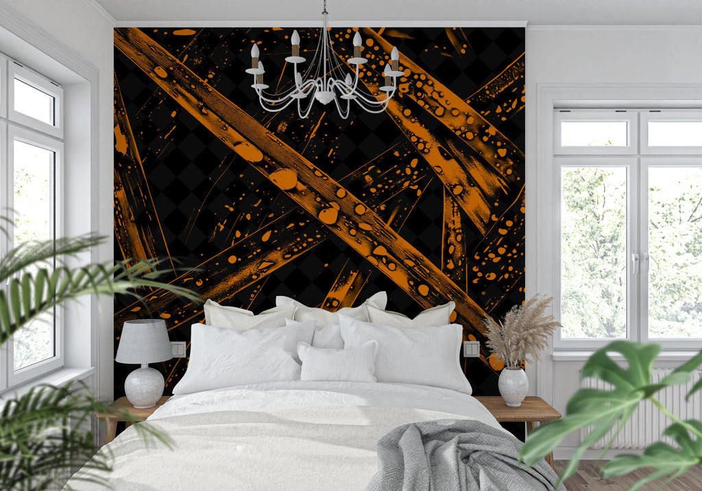 Black and Orange Geometric Wallpaper making a statement in a contemporary office space