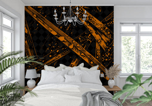 Black and Orange Geometric Wallpaper making a statement in a contemporary office space