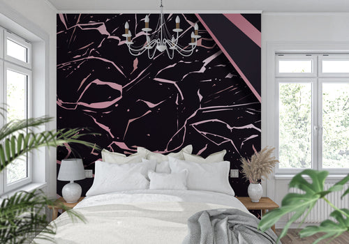 Black and pink marble wallpaper creating drama in a modern living room with minimal furniture