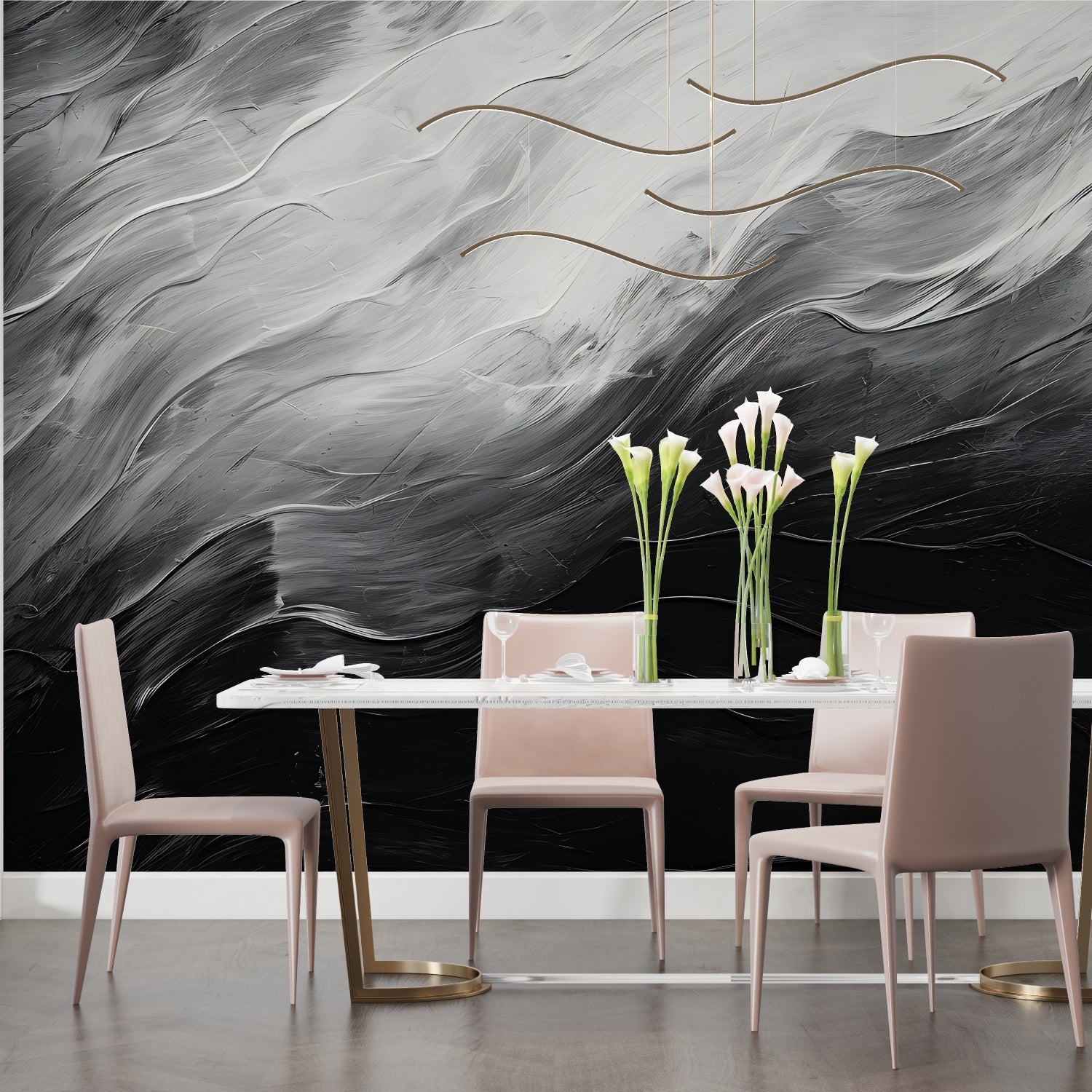 Contemporary office space featuring black and white abstract wall mural