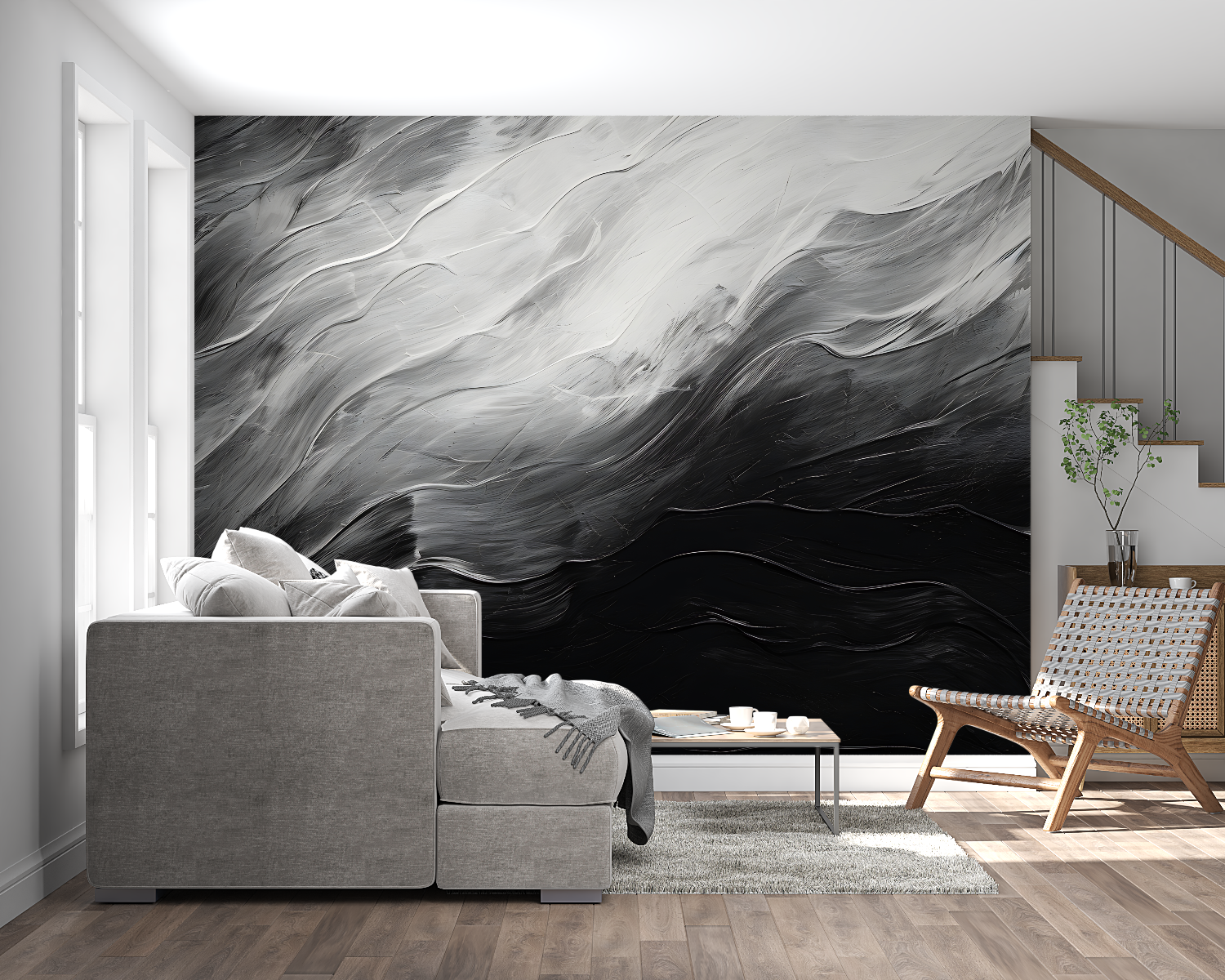 Dining room with dramatic black and white brushstroke wallpaper