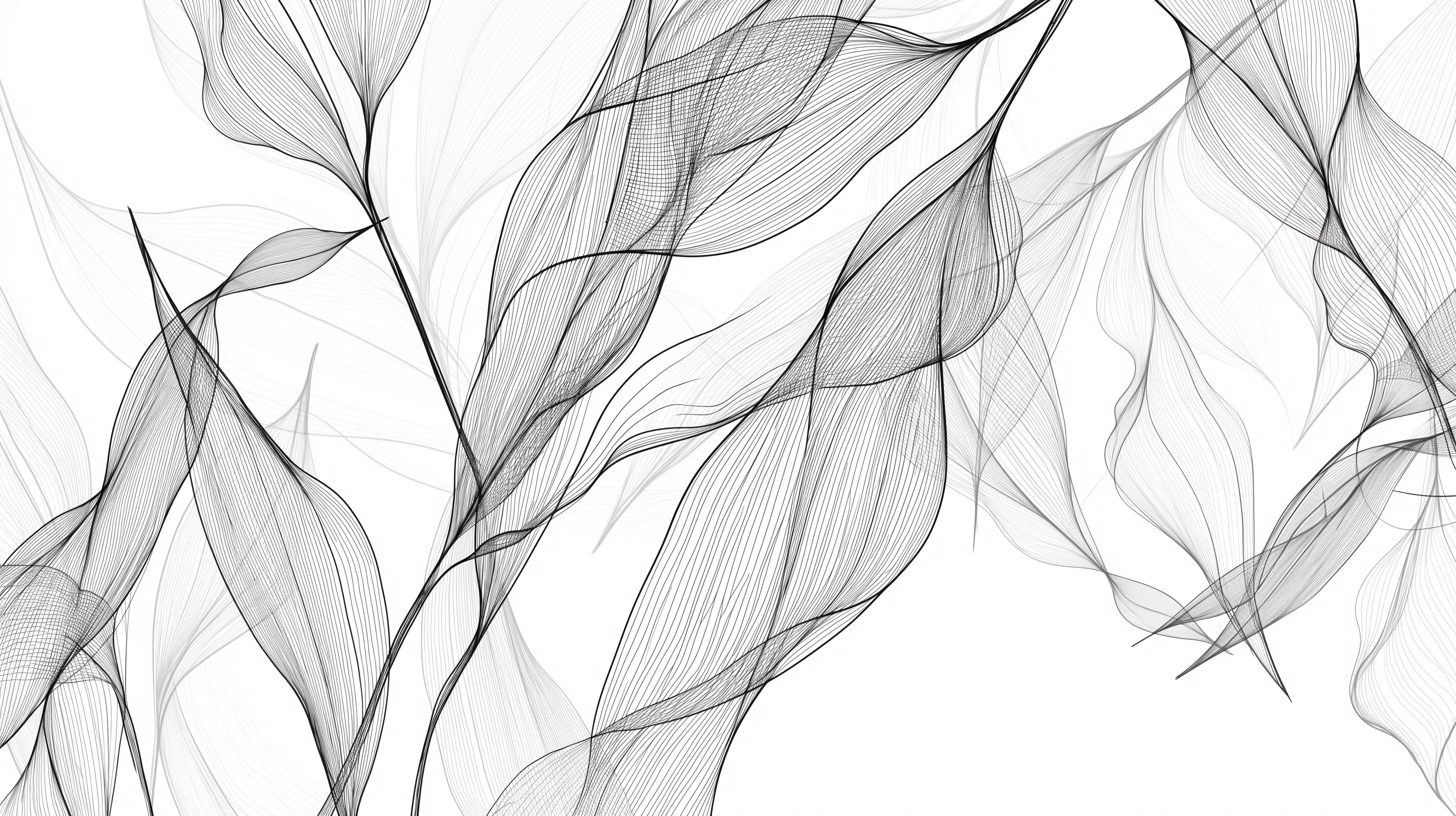 Black and white leaf line art wallpaper creating a striking focal point in a minimal Scandinavian living room setting