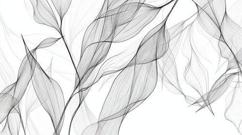 Black and white leaf line art wallpaper creating a striking focal point in a minimal Scandinavian living room setting