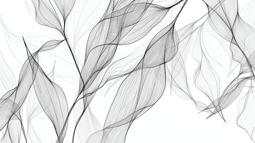 Black and white leaf line art wallpaper creating a modern feel in a bright living room with minimal furniture