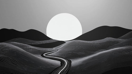 Black and white sunset landscape design file showing fluid line patterns and moon silhouette