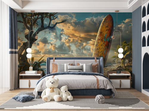 Abstract portrait mural wallpaper making statement in contemporary dining room
