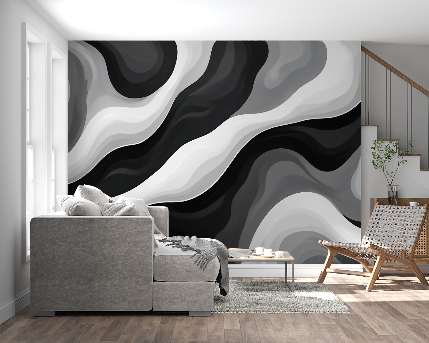 Black and white wave mural wallpaper in modern minimalist living room with grey sofa