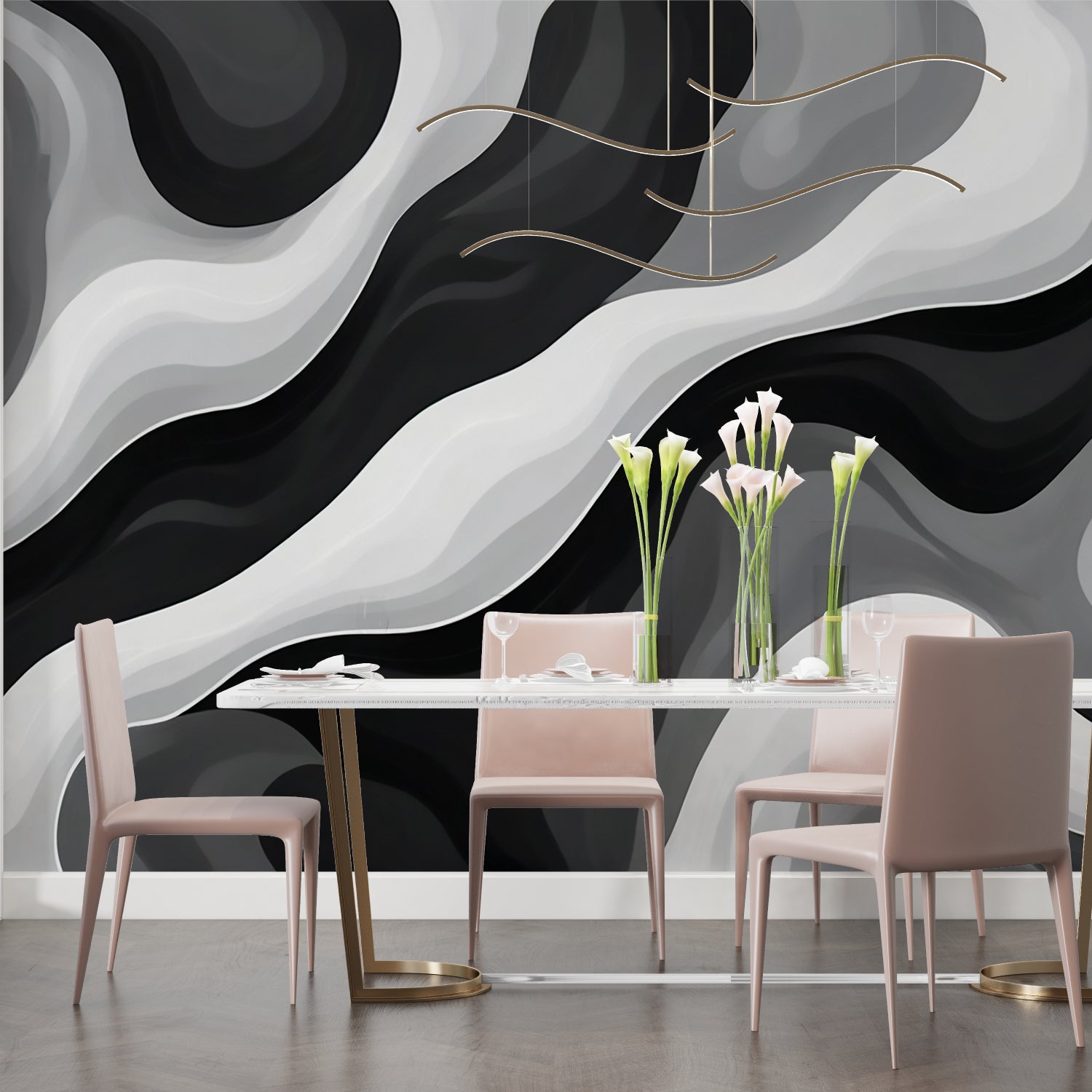 Abstract wave wallpaper creating movement in contemporary office space