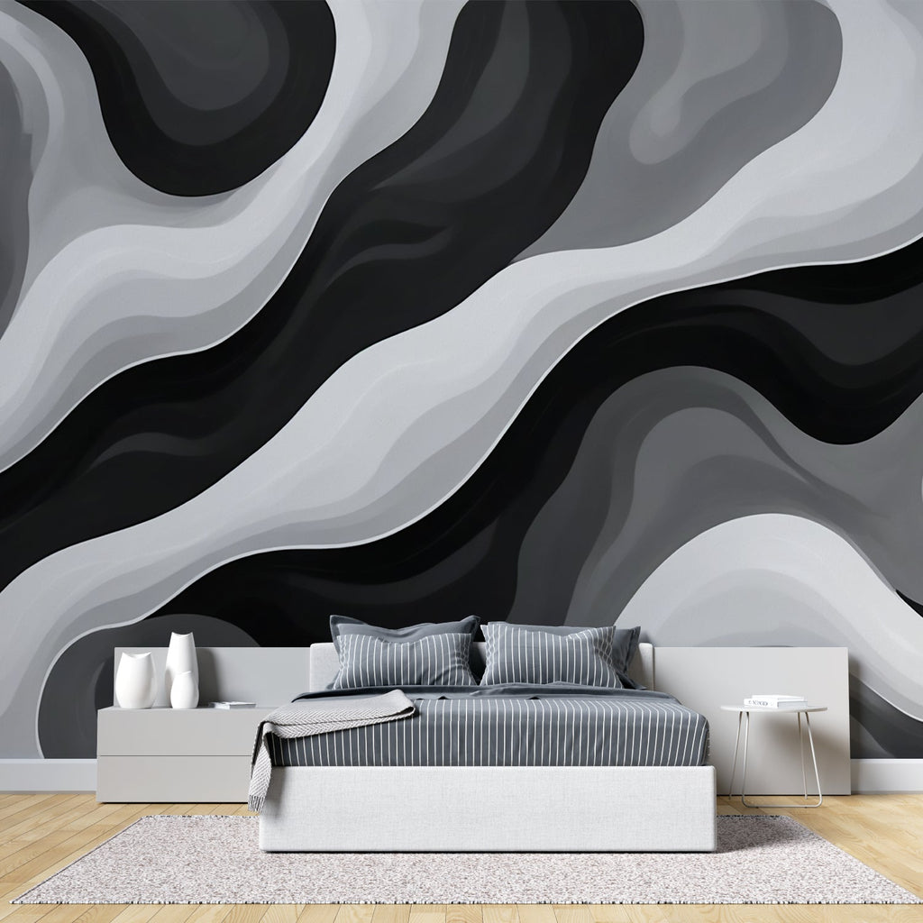 Wave design wallpaper creating dramatic effect in hotel lobby
