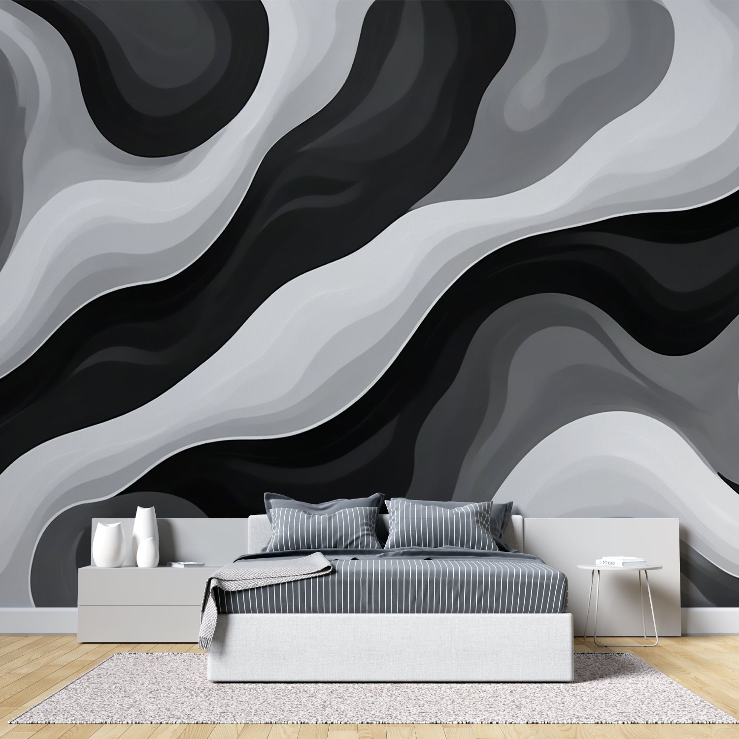 Wave design wallpaper creating dramatic effect in hotel lobby
