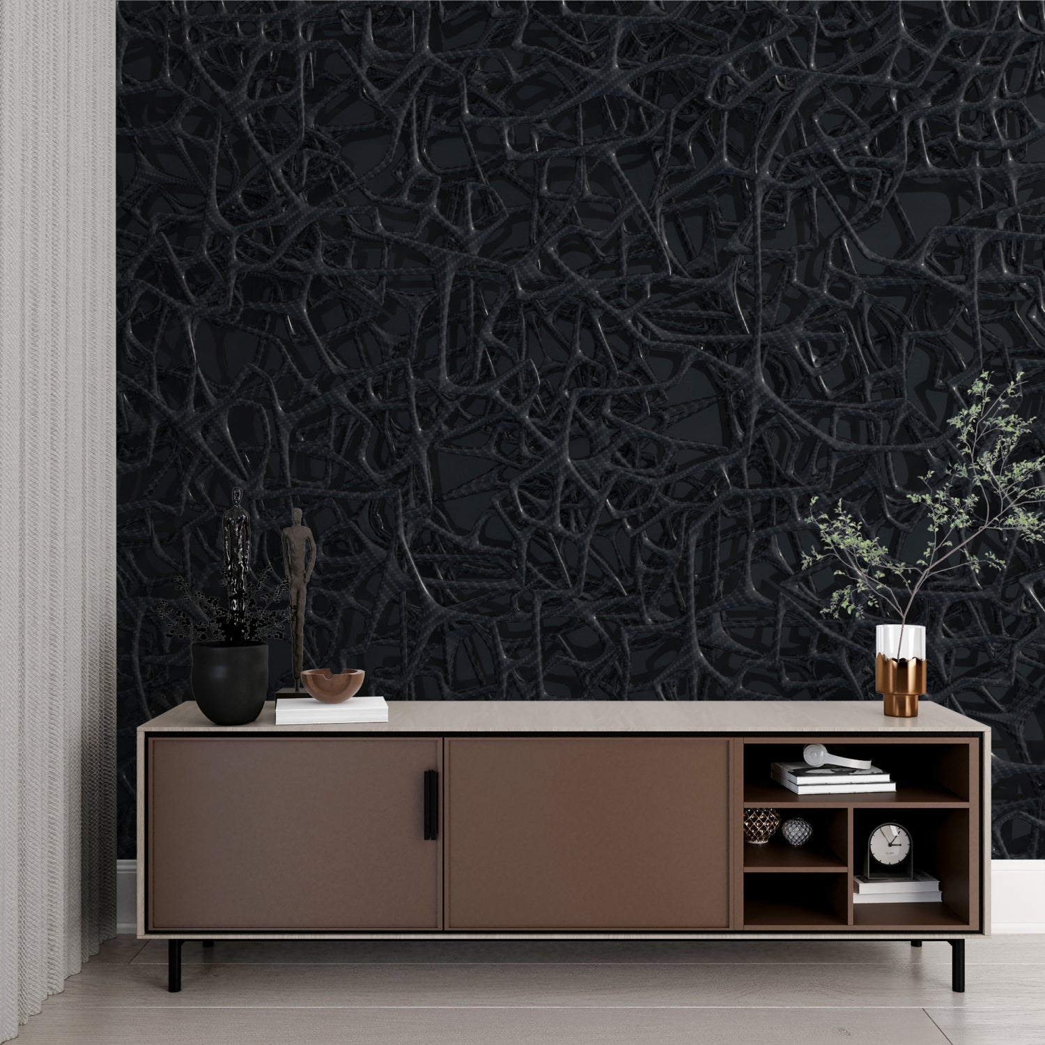 Black crocodile textured wallpaper in a modern living room setting with minimalist furniture