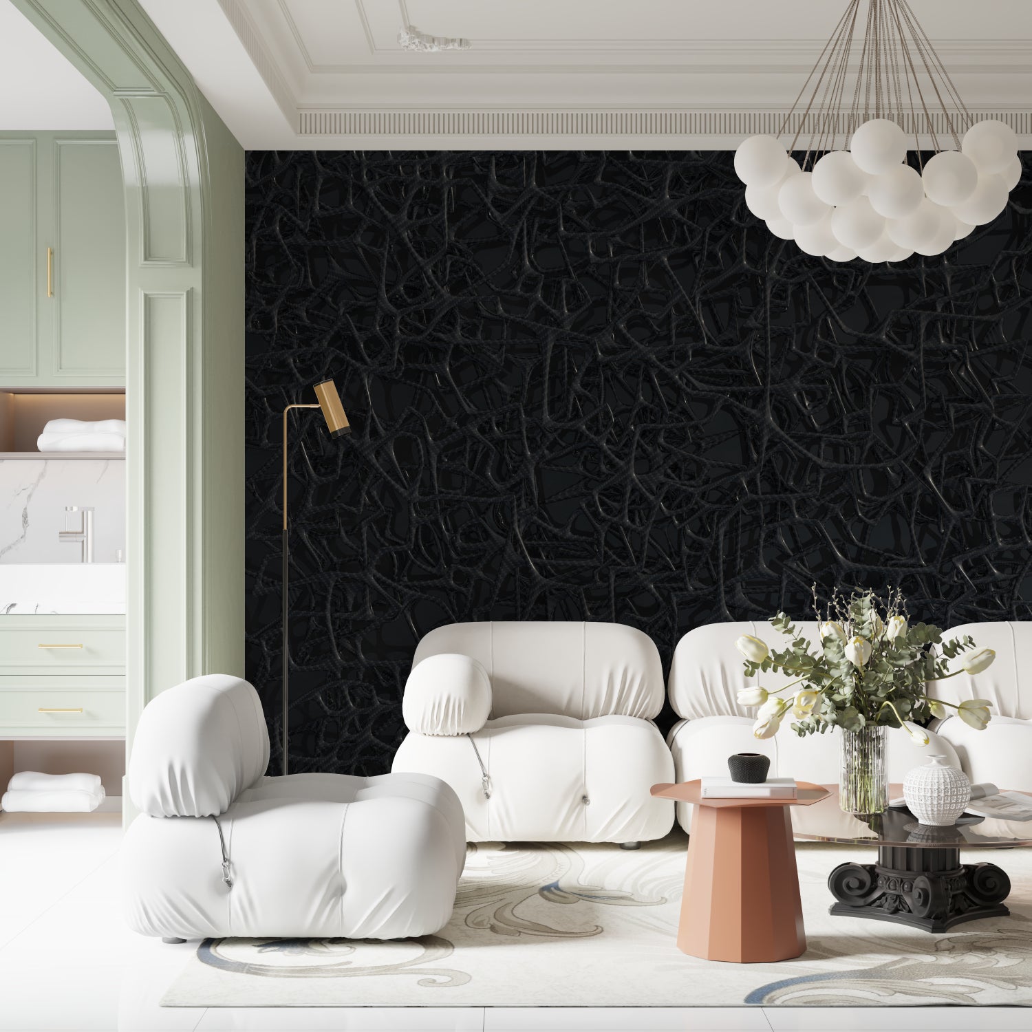 Modern office space featuring black crocodile pattern wallpaper