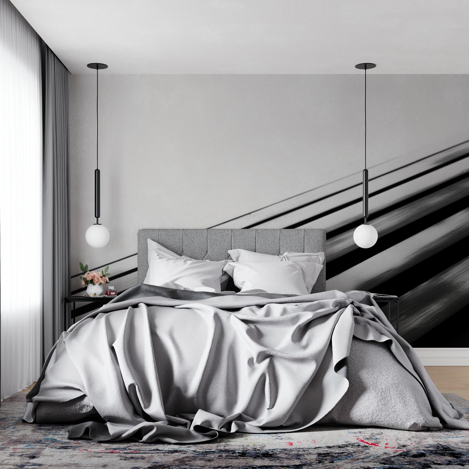 Minimalist hallway with Geometric Line Wallpaper creating visual movement