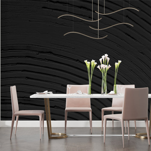 Black wave wallpaper creating dramatic effect in modern living room with leather sofa