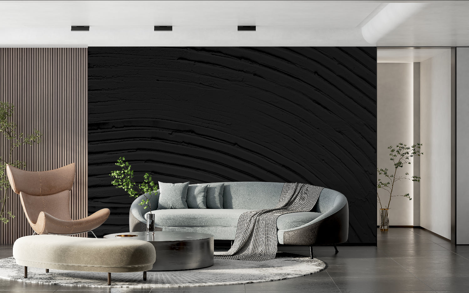 Abstract wave pattern wallpaper in sleek master bedroom with metal accents