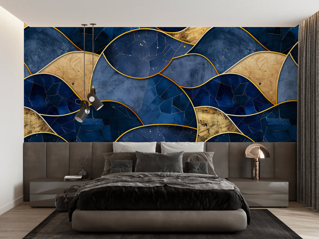 Abstract blue and gold wallpaper in dining room with evening lighting