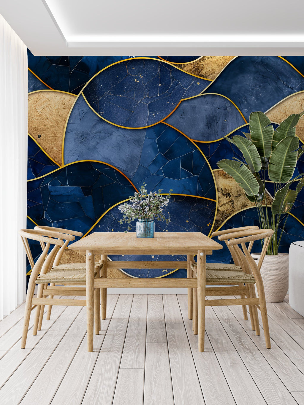 Modern geometric wallpaper installation in luxury hotel lobby