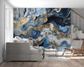 Blue and gold marble wallpaper in modern living room, creating a stunning feature wall with swirling pattern