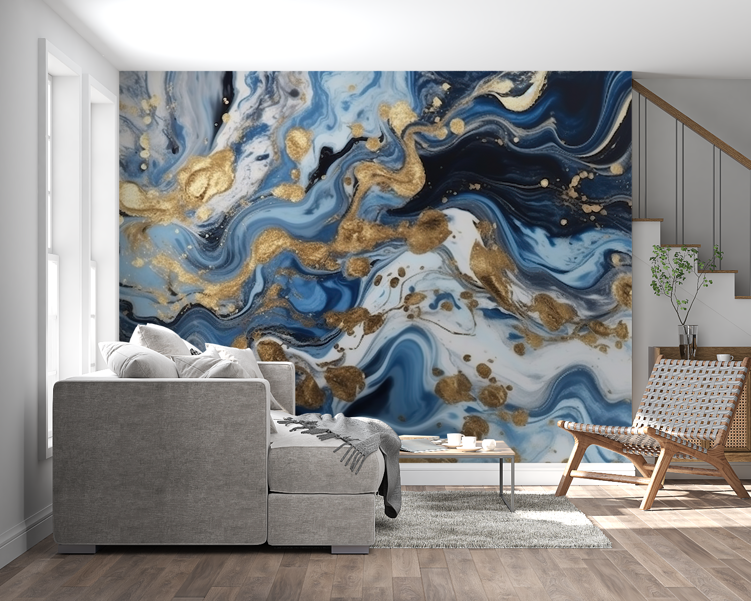 Blue and gold marble wallpaper in modern living room, creating a stunning feature wall with swirling pattern