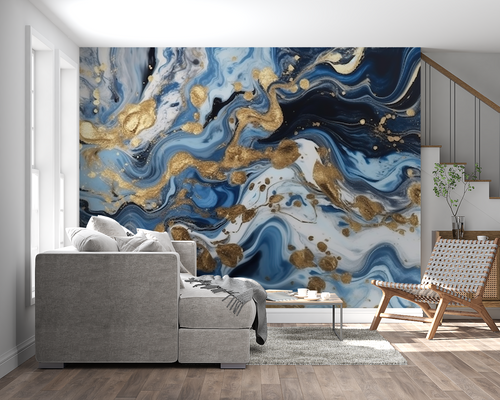 Blue and gold marble wallpaper in modern living room, creating a stunning feature wall with swirling pattern