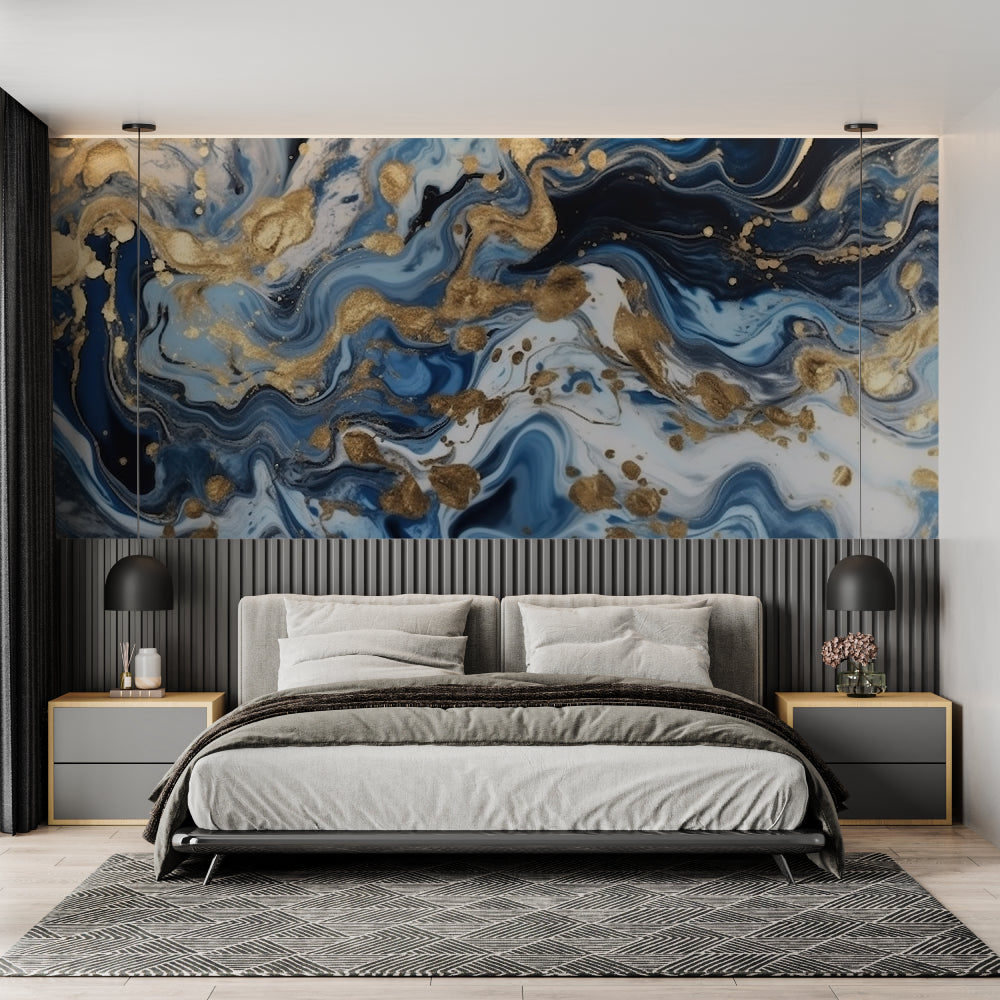 Marble effect wall mural in dining room setting, highlighting the gold accents and flowing design