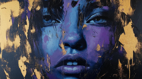 Blue and gold abstract portrait design file showing intricate artistic details and brushwork patterns