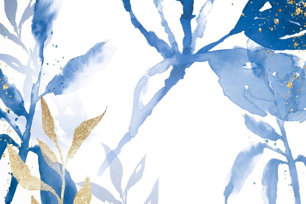 Design file showing detailed watercolor pattern with blue leaves and gold accents