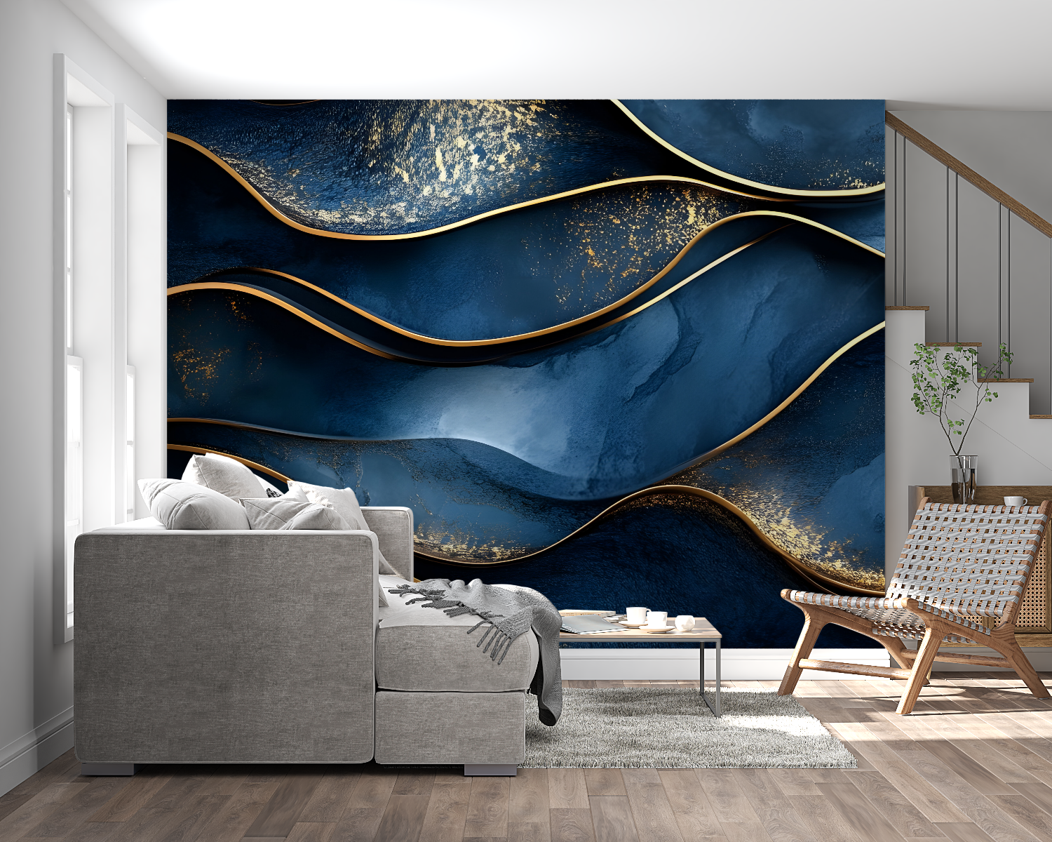 Abstract wave mural displayed in master bedroom, showing gold accents catching light
