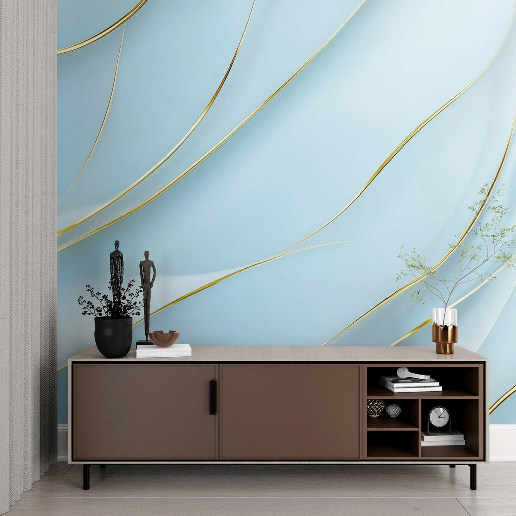 Modern blue and gold wave mural wallpaper in luxury home office space