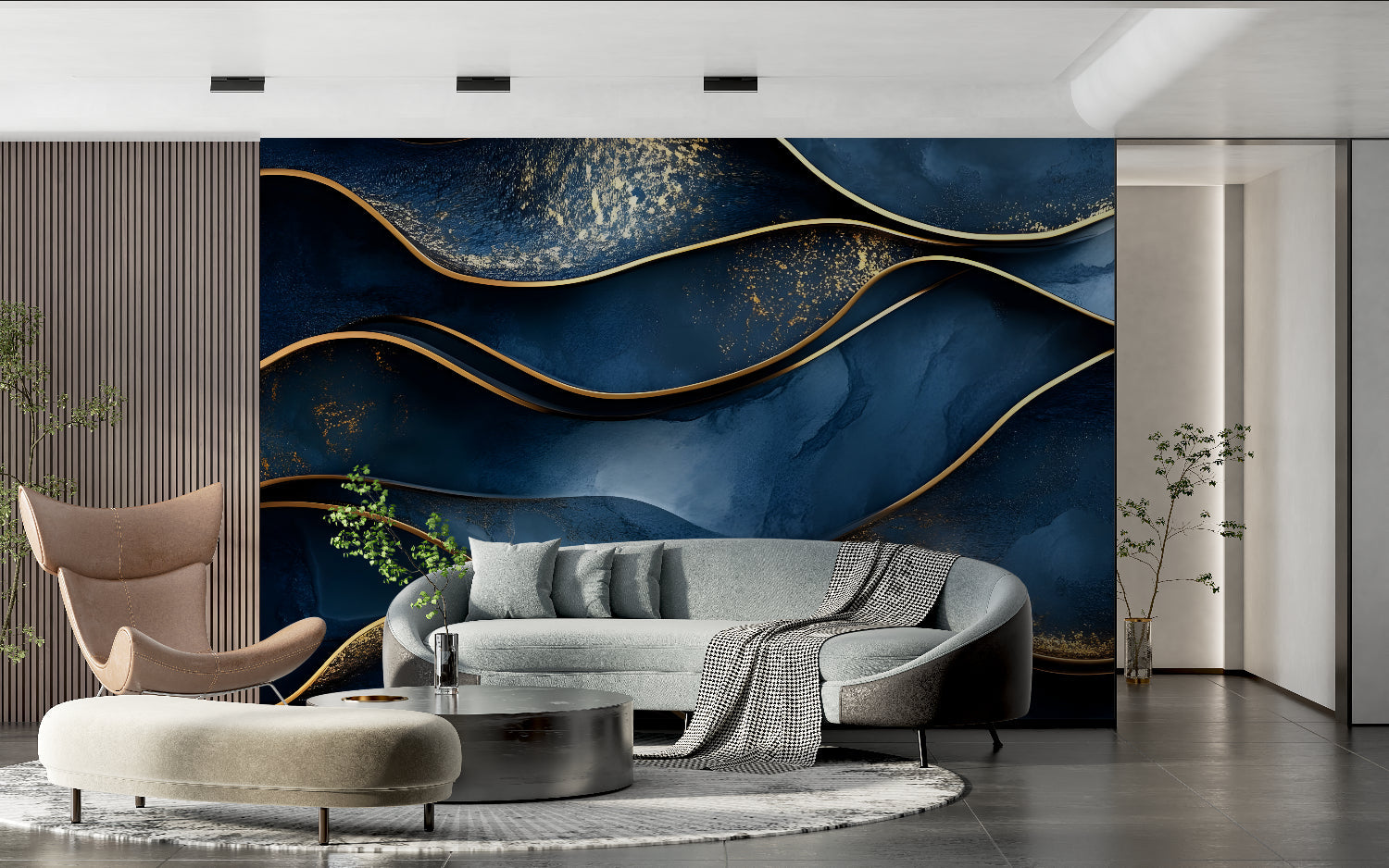 Wave pattern wallpaper showcased in dining room with evening lighting