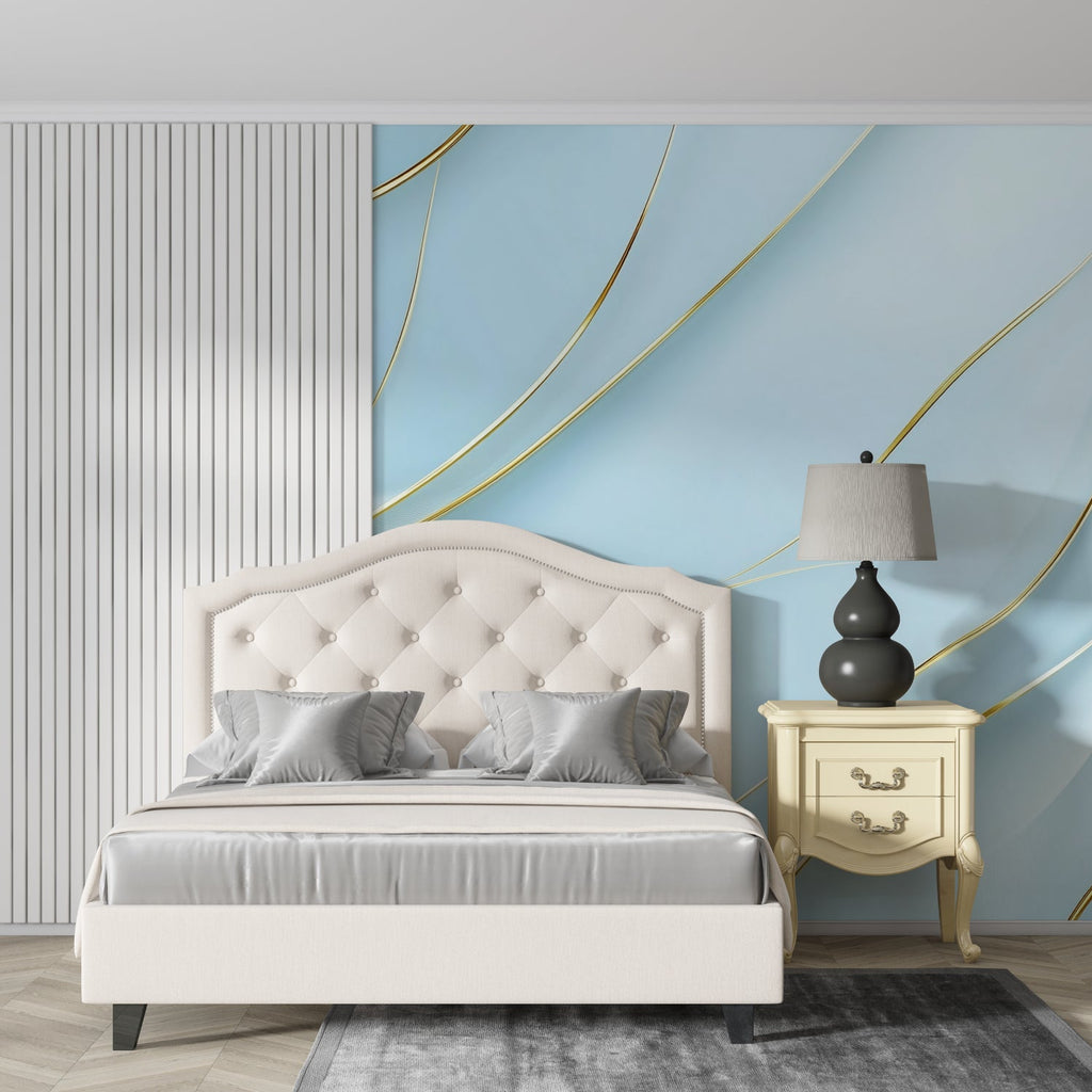 Blue and gold abstract wallpaper creating flow in hotel lobby setting