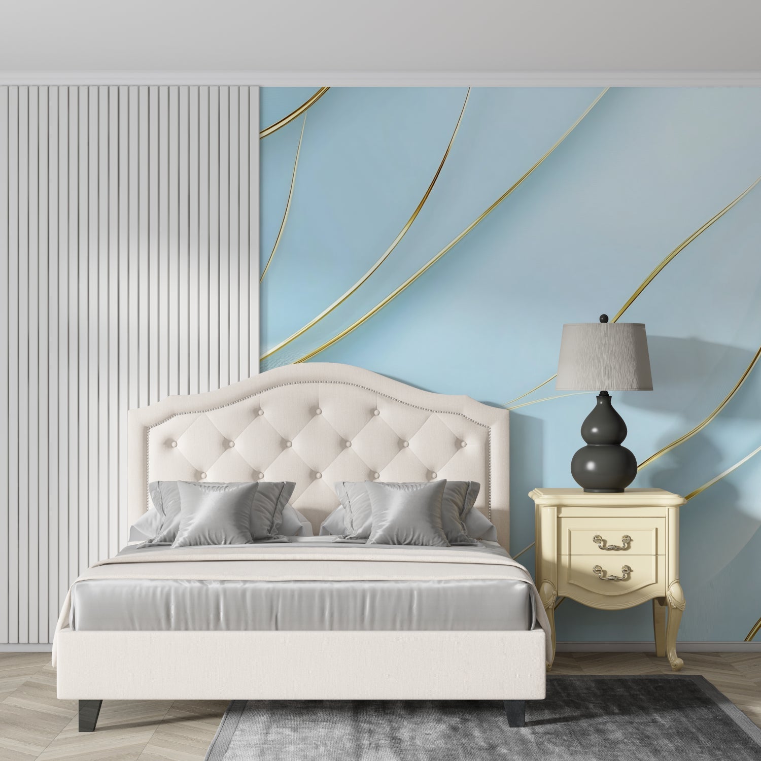 Blue and gold abstract wallpaper creating flow in hotel lobby setting