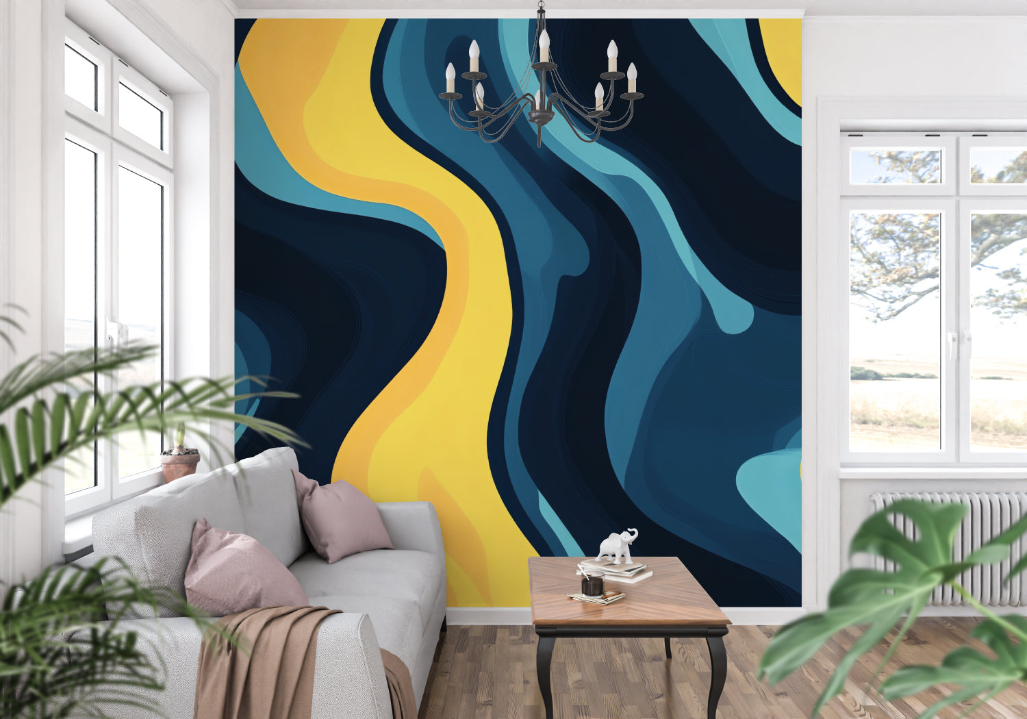 Master bedroom decorated with blue and yellow abstract wallpaper design
