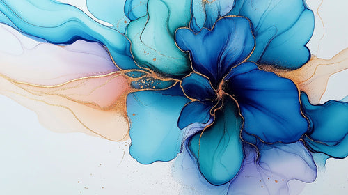 Blue and gold abstract floral wallpaper creating a stunning focal point in a modern living room with white furniture