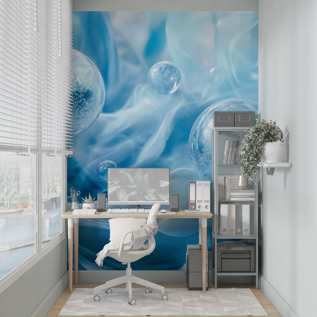 Abstract blue bubble wallpaper making a statement in a home office