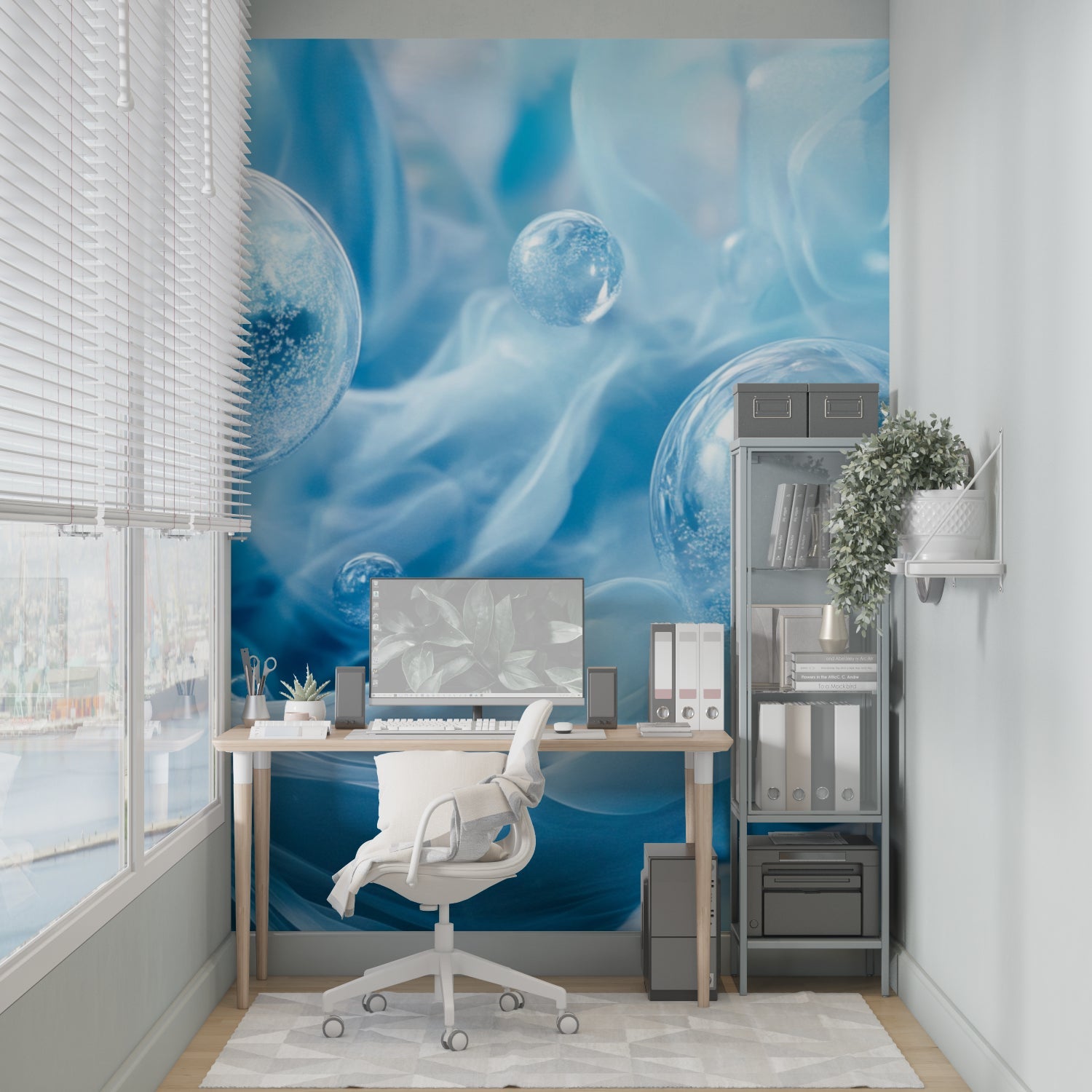 Abstract blue bubble wallpaper making a statement in a home office