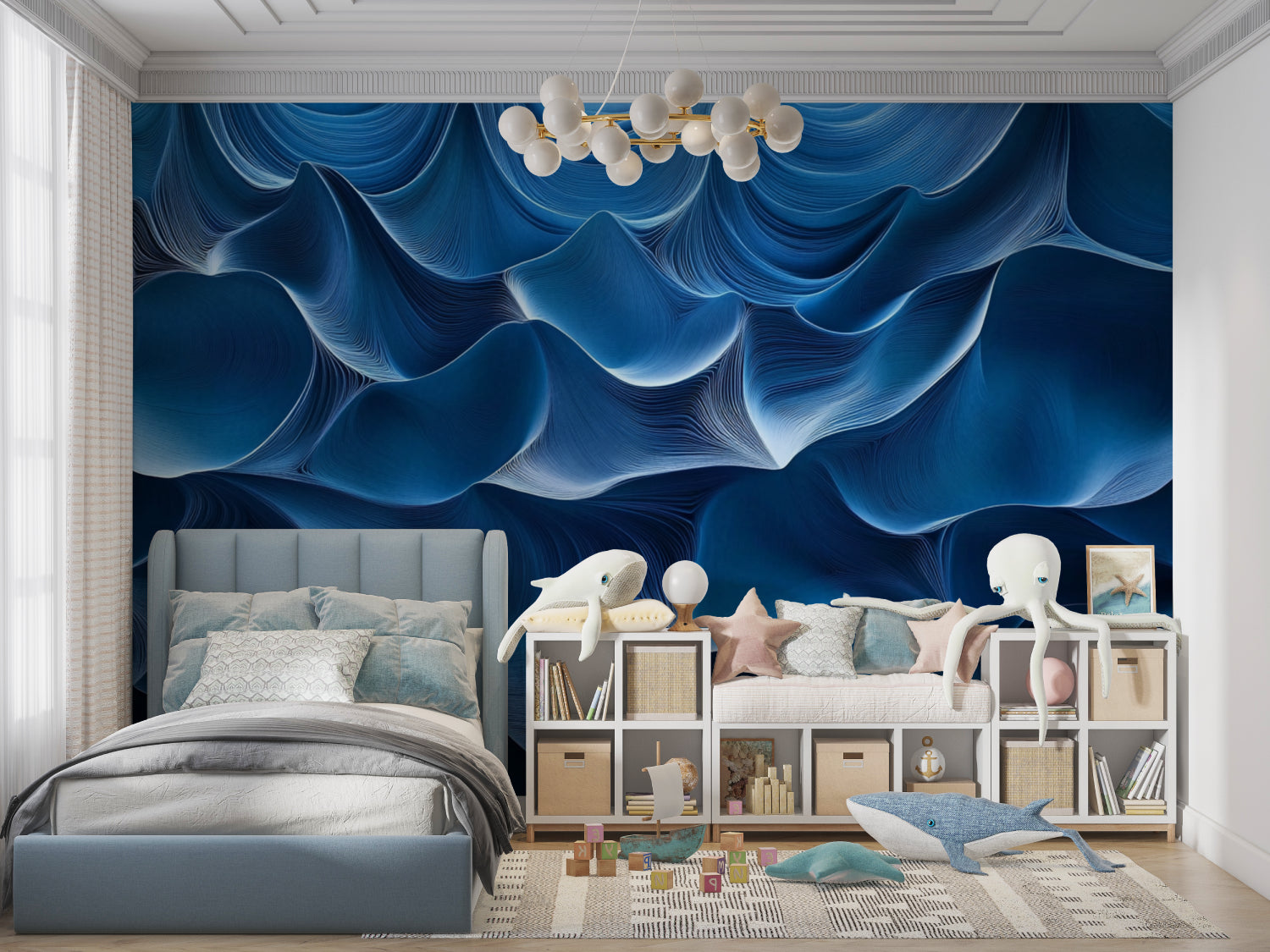 Abstract blue wave mural in contemporary home office space