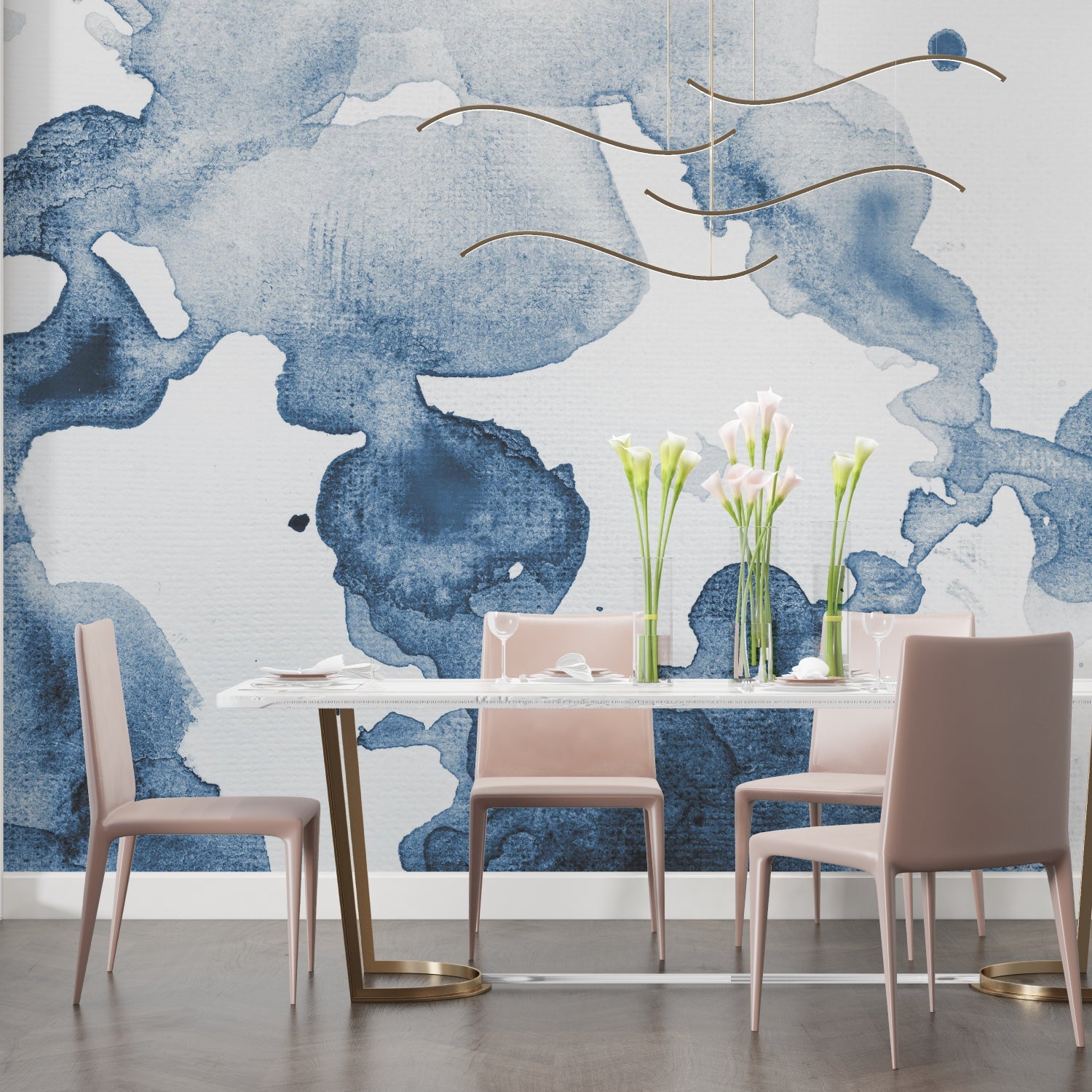 Blue watercolor abstract wallpaper in modern living room with grey sofa and natural light