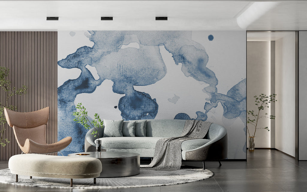 Abstract blue watercolor mural in minimalist bedroom creating serene atmosphere