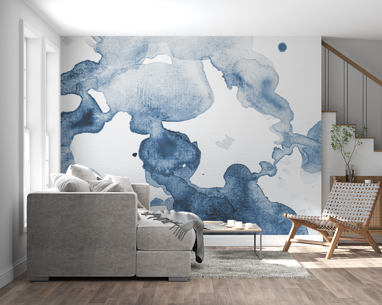 Blue abstract wallpaper in dining room with modern chandelier and wooden table