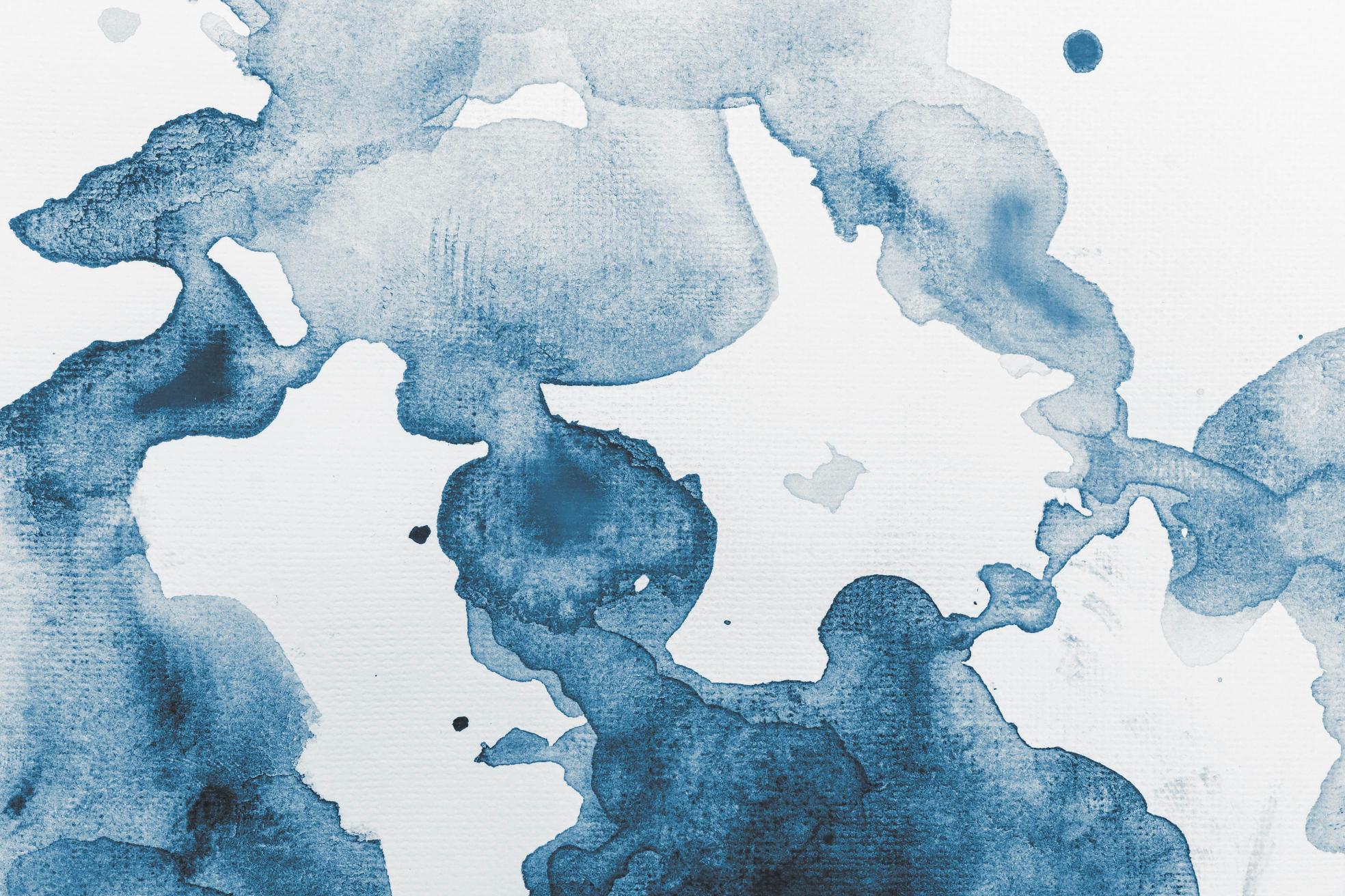 Design file of blue watercolor abstract pattern with flowing shapes and golden accents