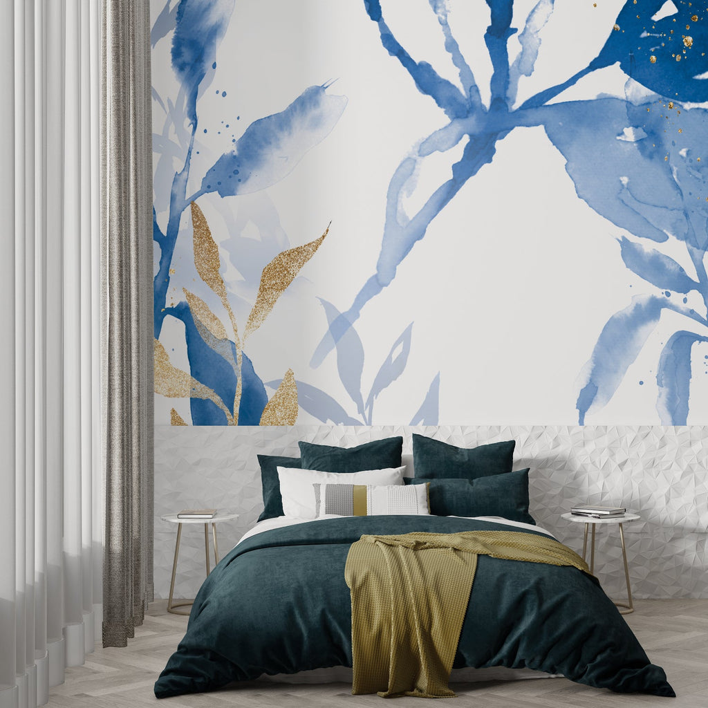 Abstract blue wallpaper making a statement in a minimalist bedroom