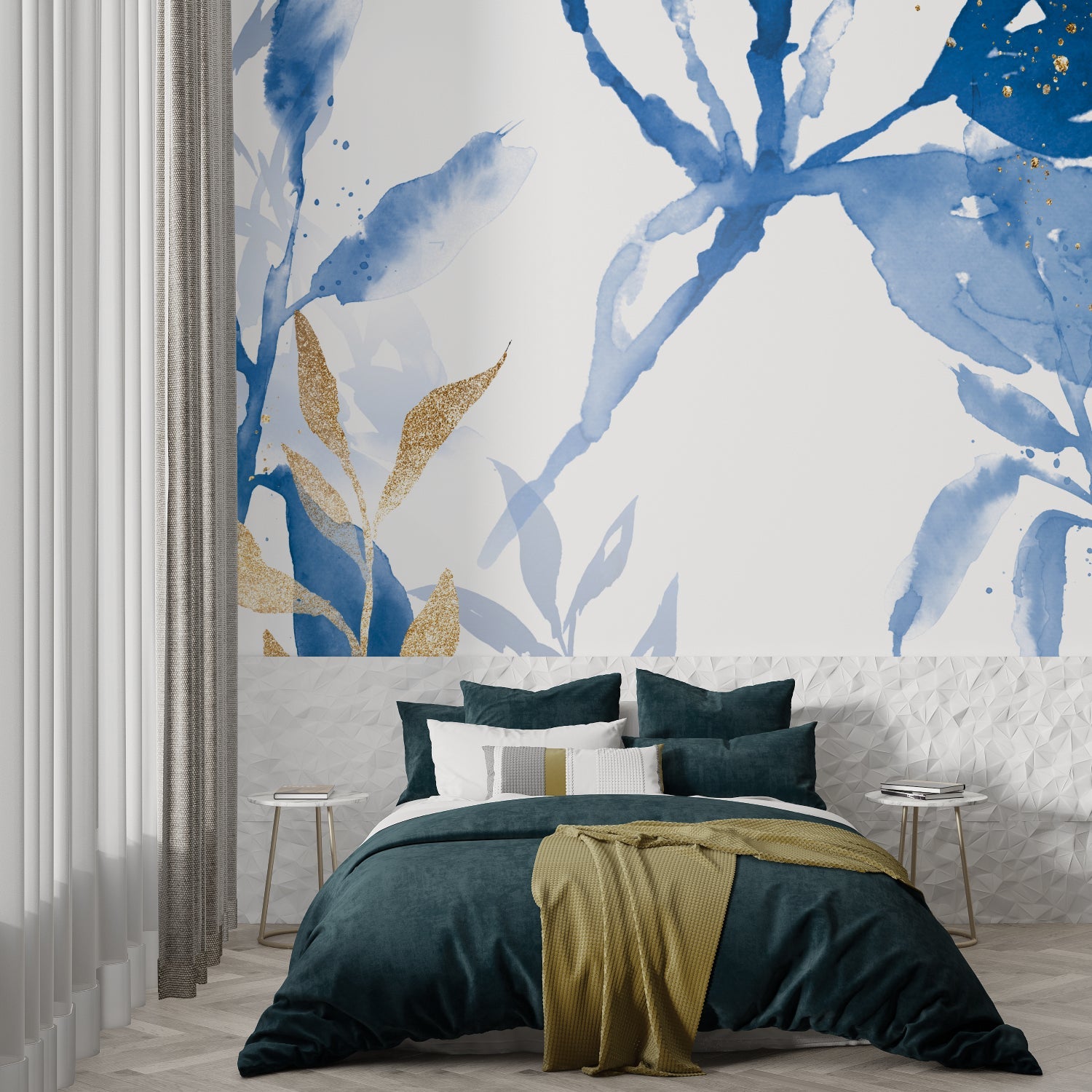 Abstract blue wallpaper making a statement in a minimalist bedroom