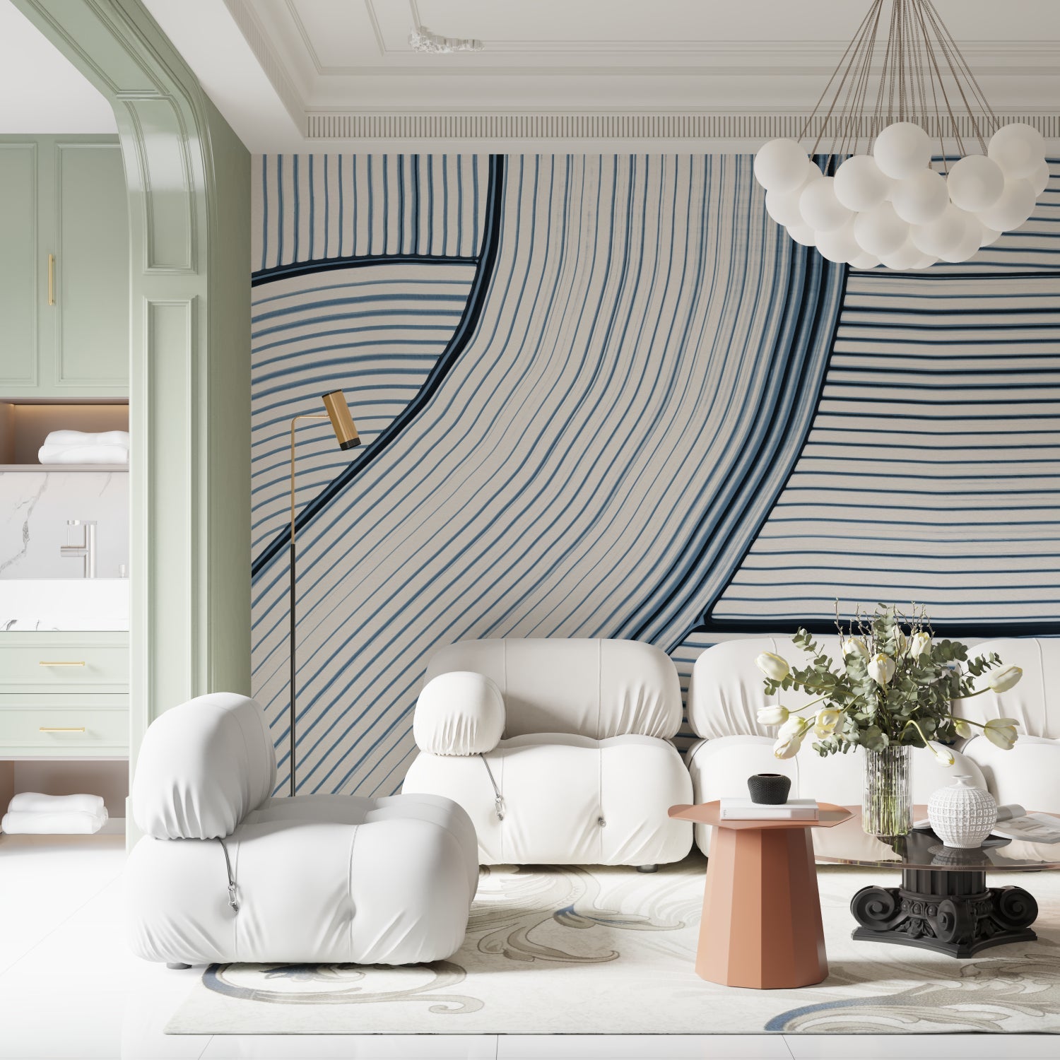 Blue wave line pattern wallpaper in a modern living room with white furniture and natural light