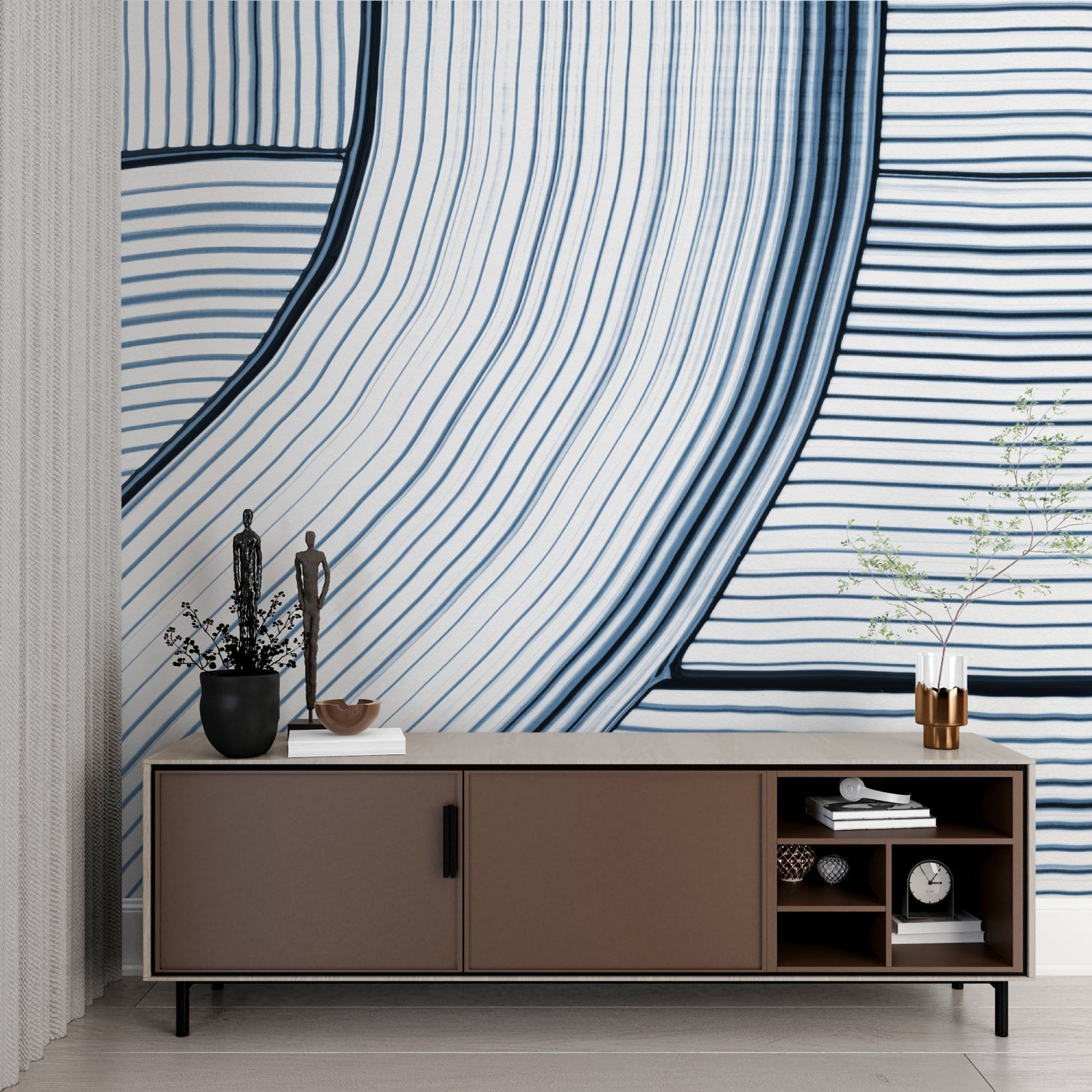 Abstract blue line wallpaper creating depth in a minimalist home office setting