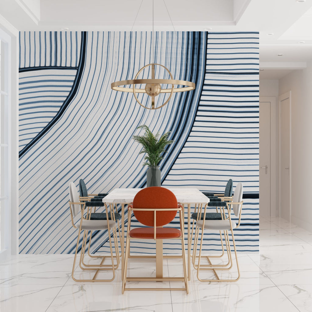 Geometric blue wave wallpaper in a contemporary dining room with pendant lighting