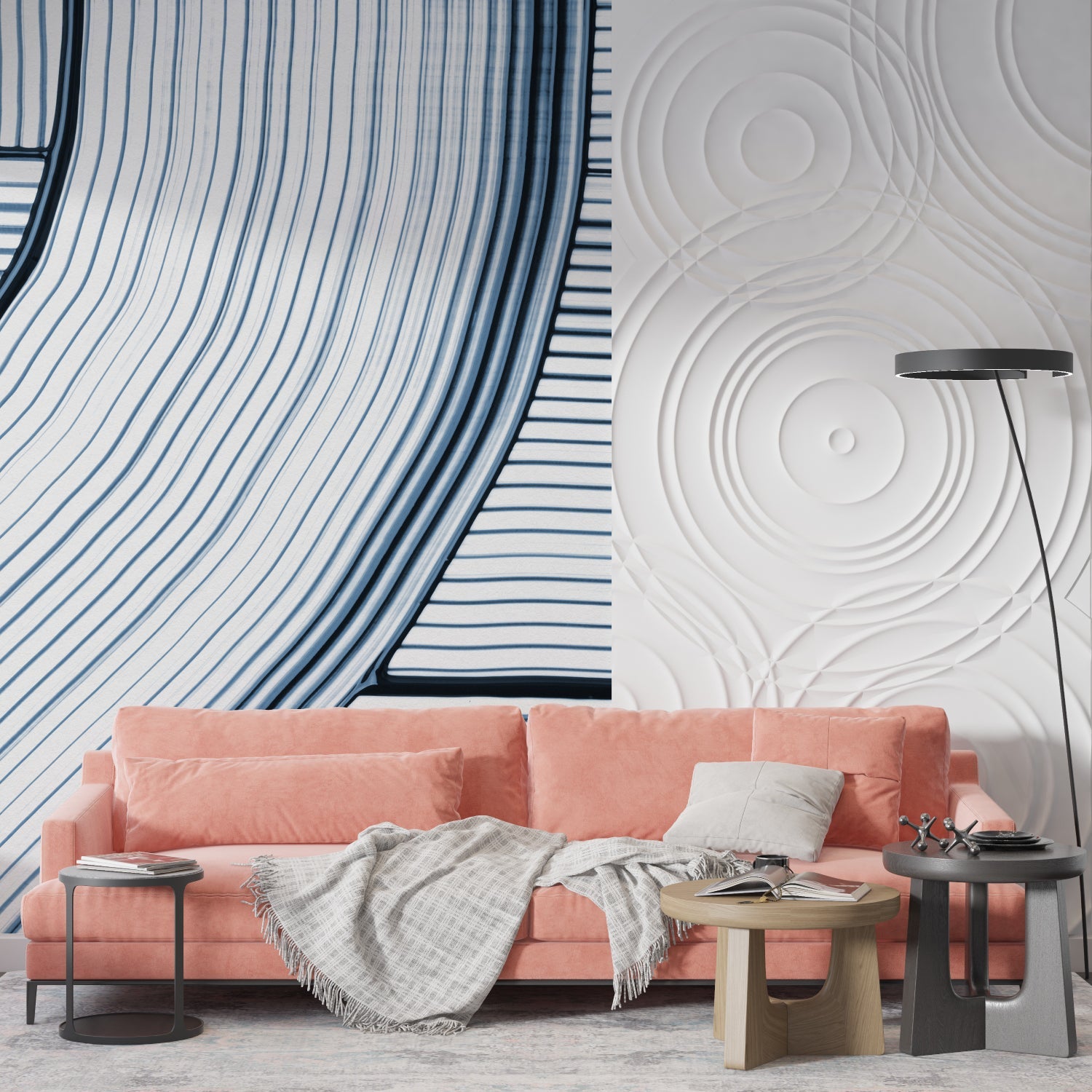 Blue abstract line pattern mural in a modern bedroom with gray accents